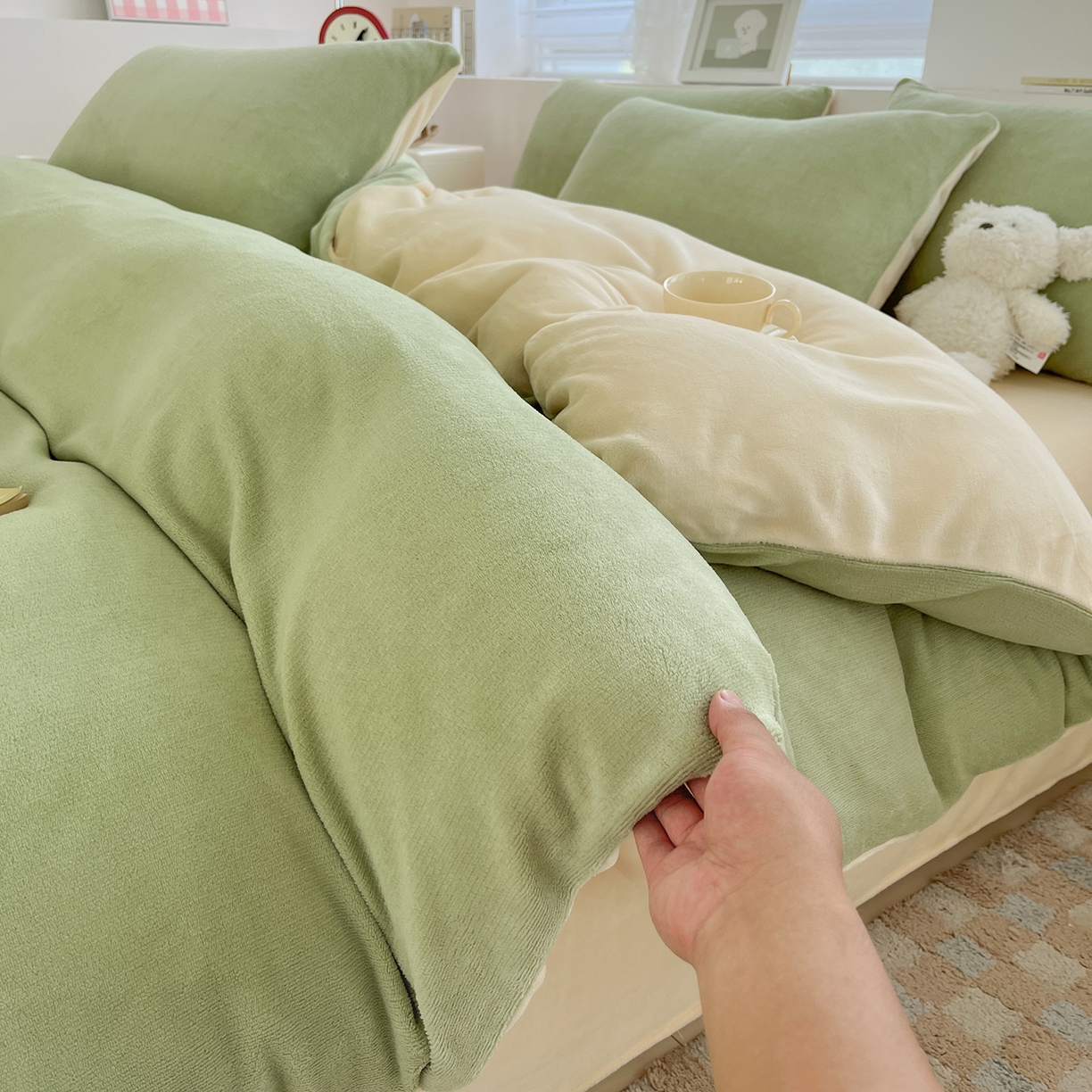 汣沐生活 2025新款牛奶绒双拼四件套系列 果茶奶昔