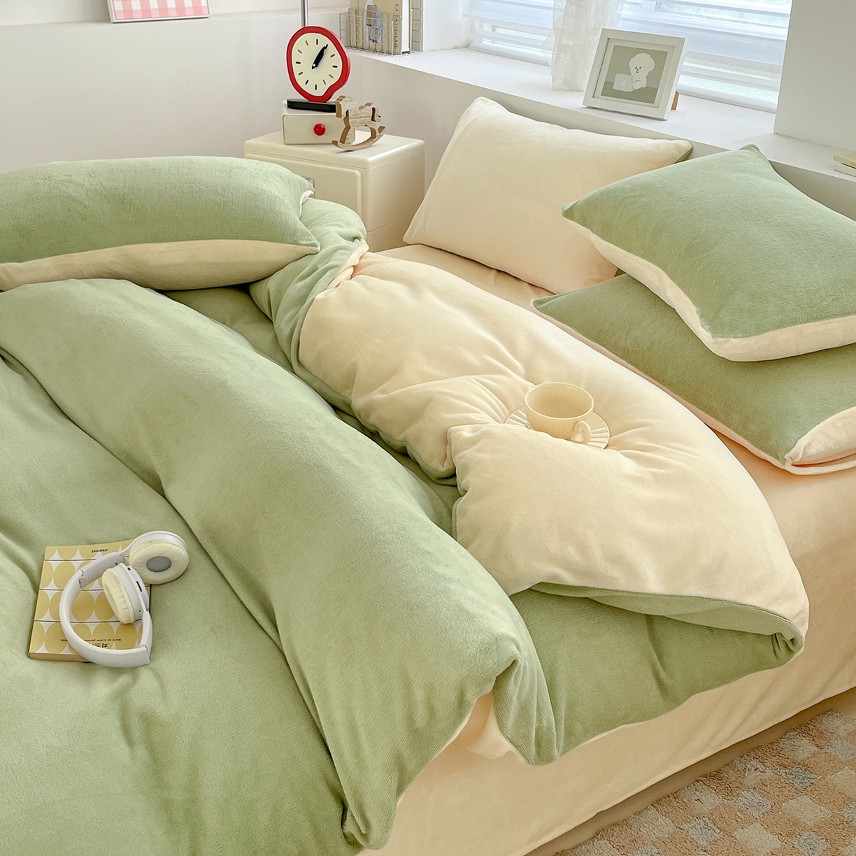 91家纺网 家纺一手货源 找家纺 汣沐生活 2025新款牛奶绒双拼四件套系列 果茶奶昔