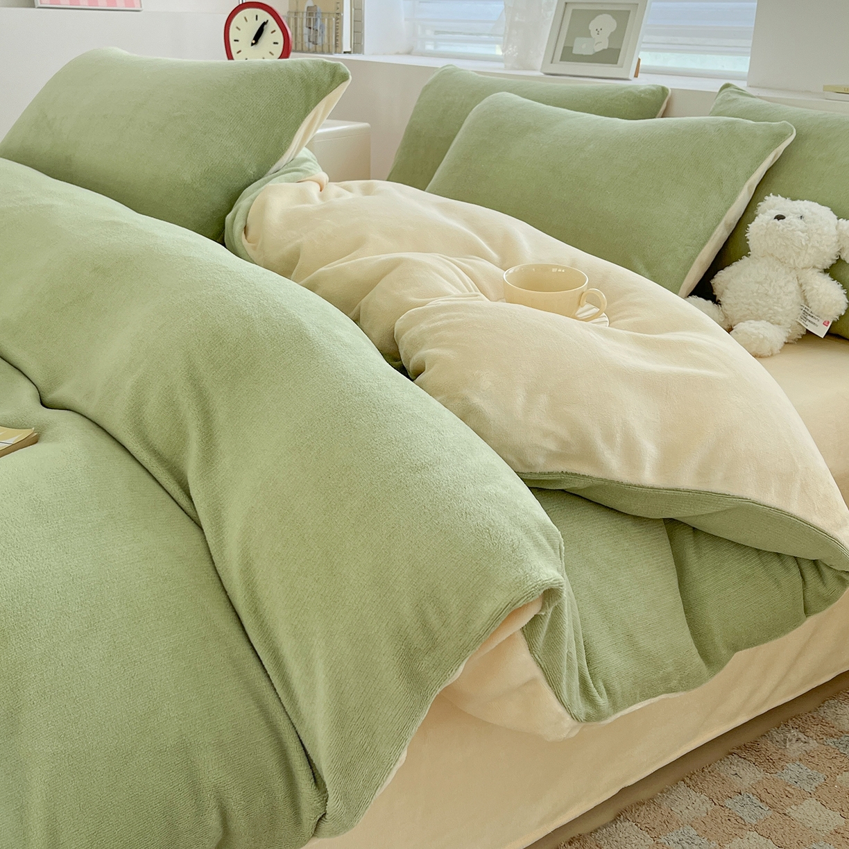 91家纺网 家纺一手货源 找家纺 汣沐生活 2025新款牛奶绒双拼四件套系列 果茶奶昔