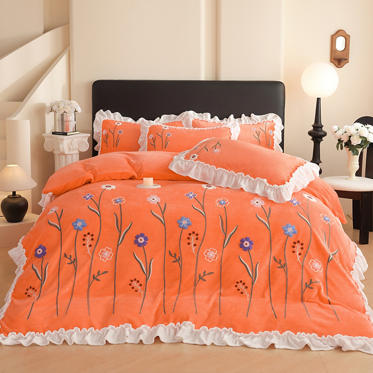 91家纺网 家纺一手货源 找家纺 （总）孟鑫家纺 2025新款230克高克重韩版毛巾绣牛奶绣花四件套床单床盖款被套-花香四溢