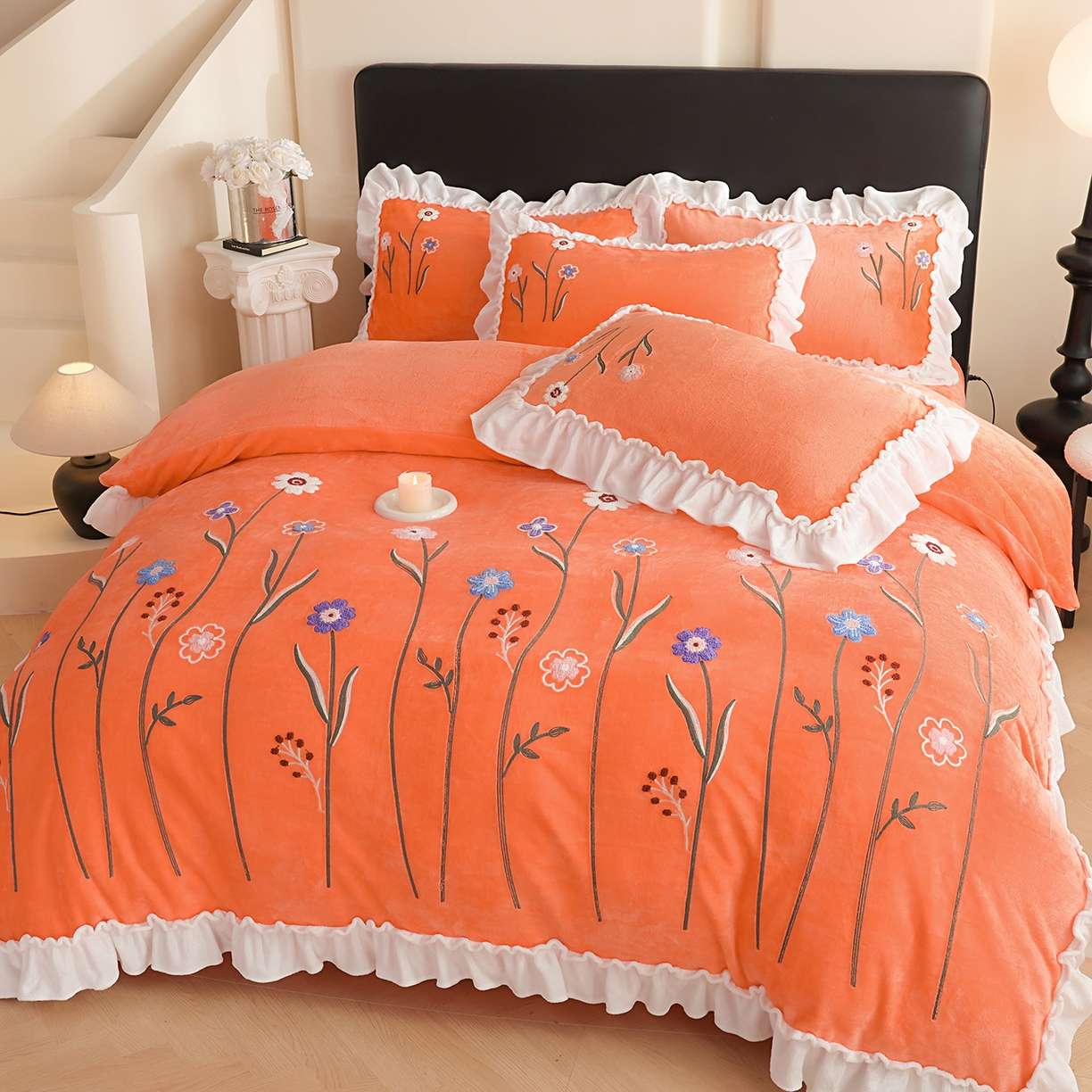 91家纺网 家纺一手货源 找家纺 （总）孟鑫家纺 2025新款230克高克重韩版毛巾绣牛奶绣花四件套床单床盖款被套-花香四溢