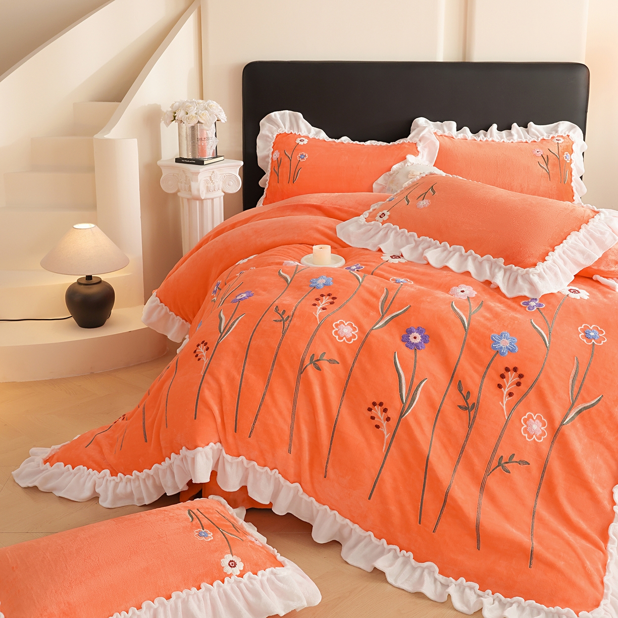 91家纺网 家纺一手货源 找家纺 （总）孟鑫家纺 2025新款230克高克重韩版毛巾绣牛奶绣花四件套床单床盖款被套-花香四溢