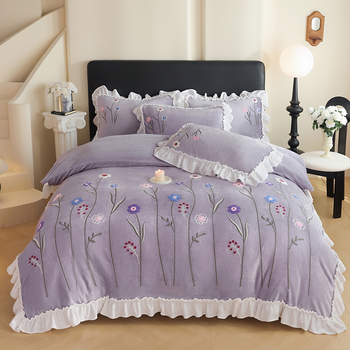 91家纺网 家纺一手货源 找家纺 （总）孟鑫家纺 2025新款230克高克重韩版毛巾绣牛奶绣花四件套床单床盖款被套-花香四溢