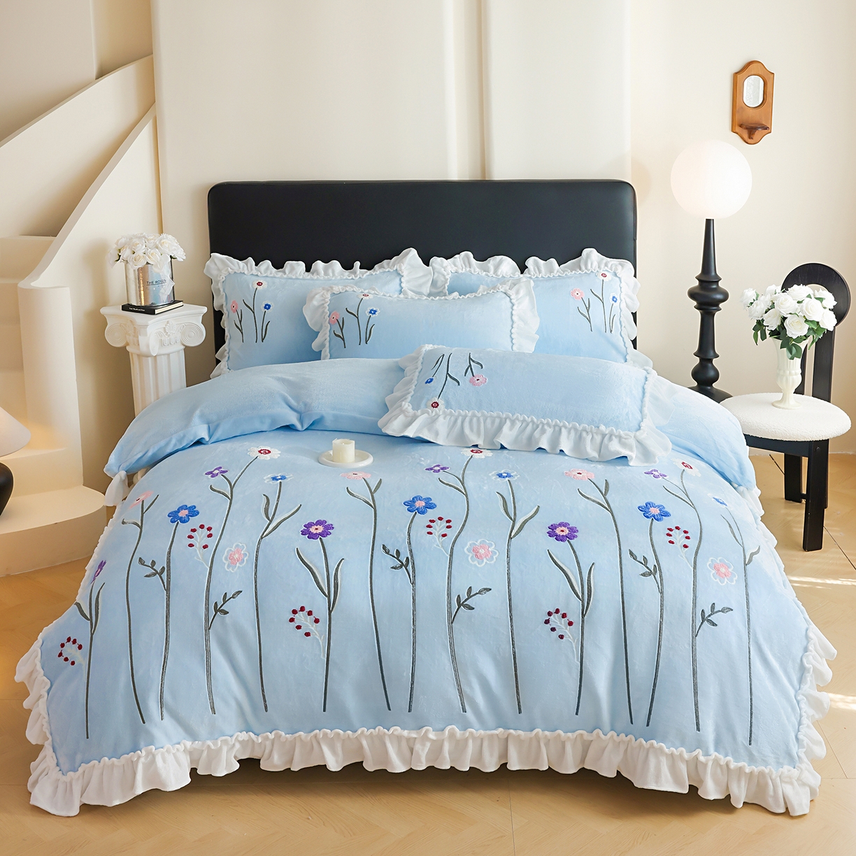 91家纺网 家纺一手货源 找家纺 （总）孟鑫家纺 2025新款230克高克重韩版毛巾绣牛奶绣花四件套床单床盖款被套-花香四溢