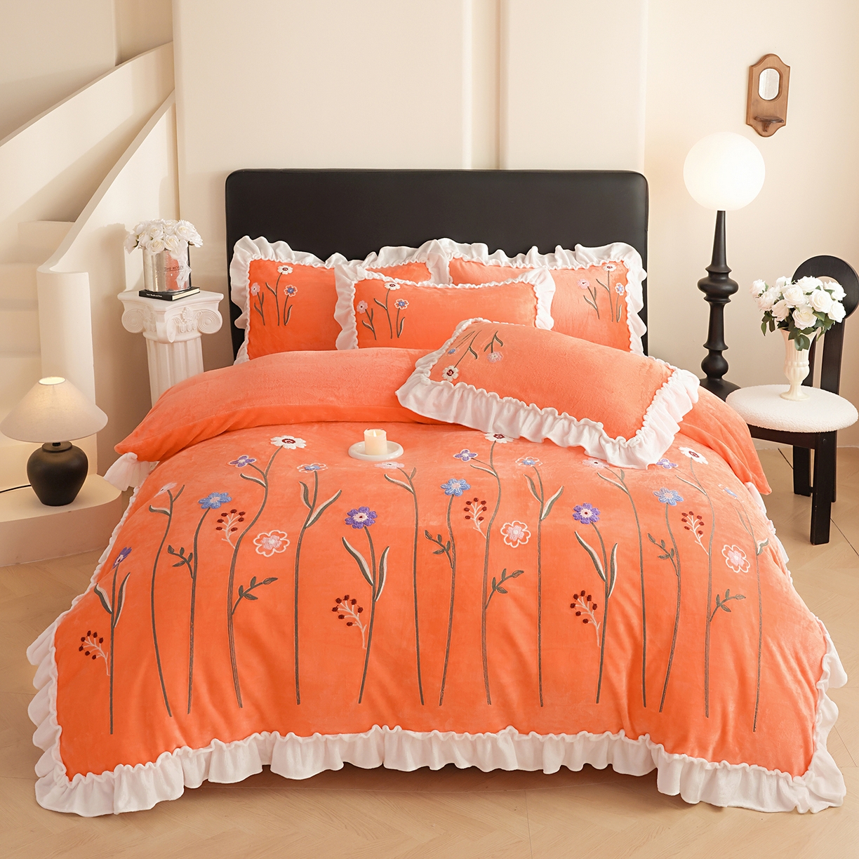 孟鑫家纺 2025新款230克高克重韩版毛巾绣牛奶绣花四件套床单床盖款被套-花香四溢 花香四溢-艾玛橙