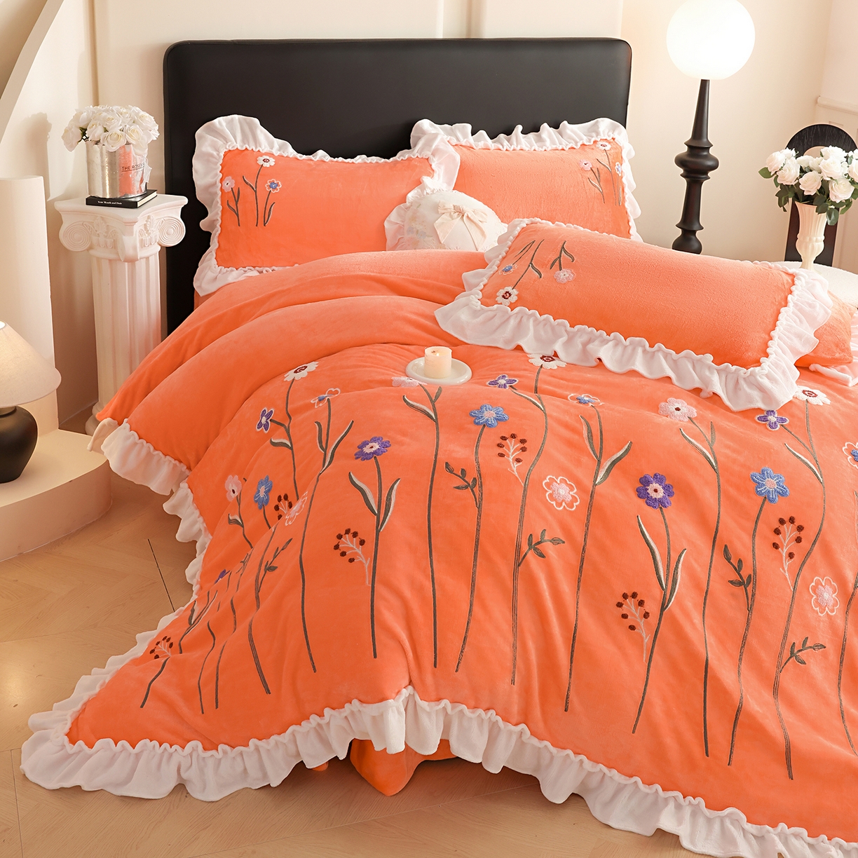 91家纺网 家纺一手货源 找家纺 孟鑫家纺 2025新款230克高克重韩版毛巾绣牛奶绣花四件套床单床盖款被套-花香四溢 花香四溢-艾玛橙