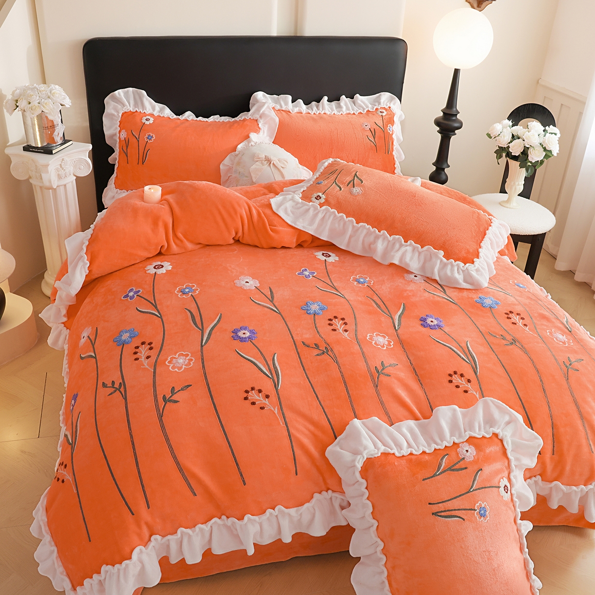 91家纺网 家纺一手货源 找家纺 孟鑫家纺 2025新款230克高克重韩版毛巾绣牛奶绣花四件套床单床盖款被套-花香四溢 花香四溢-艾玛橙