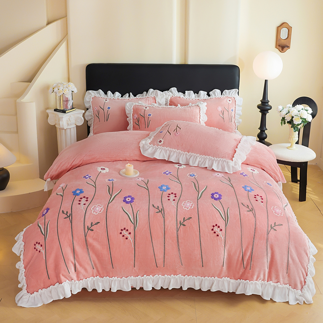 孟鑫家纺 2025新款230克高克重韩版毛巾绣牛奶绣花四件套床单床盖款被套-花香四溢 花香四溢-豆沙