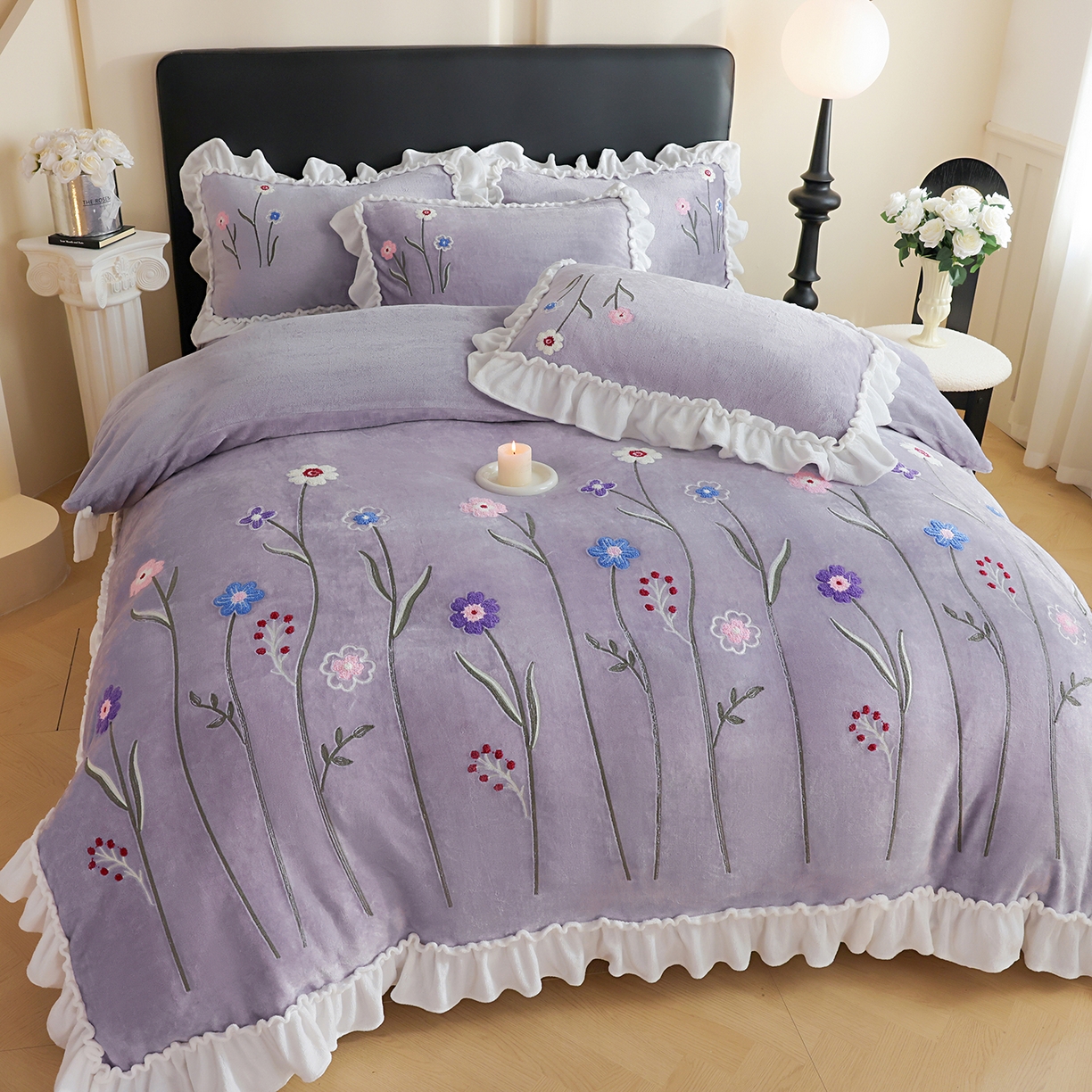 91家纺网 家纺一手货源 找家纺 孟鑫家纺 2025新款230克高克重韩版毛巾绣牛奶绣花四件套床单床盖款被套-花香四溢 花香四溢-灰紫