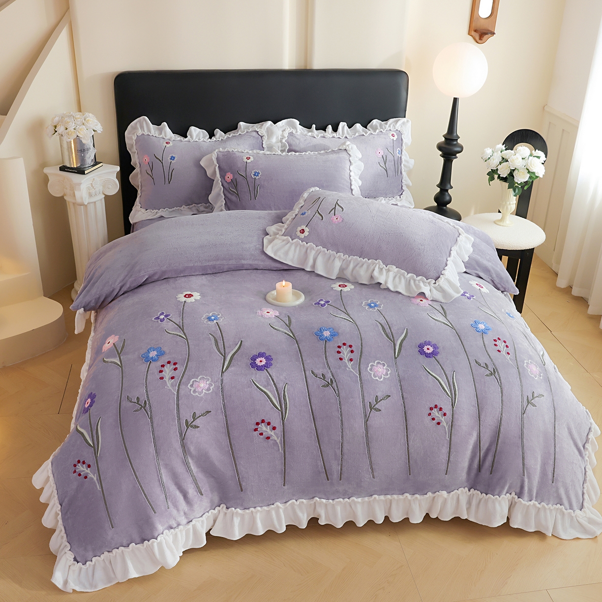 91家纺网 家纺一手货源 找家纺 孟鑫家纺 2025新款230克高克重韩版毛巾绣牛奶绣花四件套床单床盖款被套-花香四溢 花香四溢-灰紫