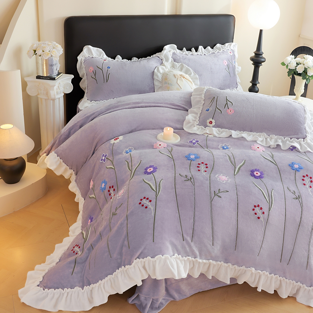 91家纺网 家纺一手货源 找家纺 孟鑫家纺 2025新款230克高克重韩版毛巾绣牛奶绣花四件套床单床盖款被套-花香四溢 花香四溢-灰紫