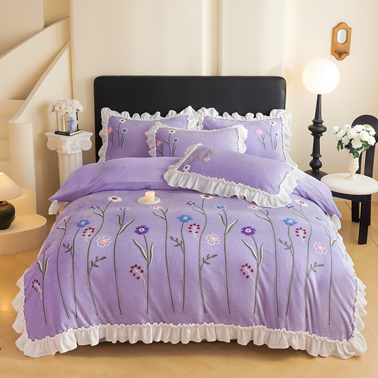 孟鑫家纺 2025新款230克高克重韩版毛巾绣牛奶绣花四件套床单床盖款被套-花香四溢 花香四溢-千夏紫