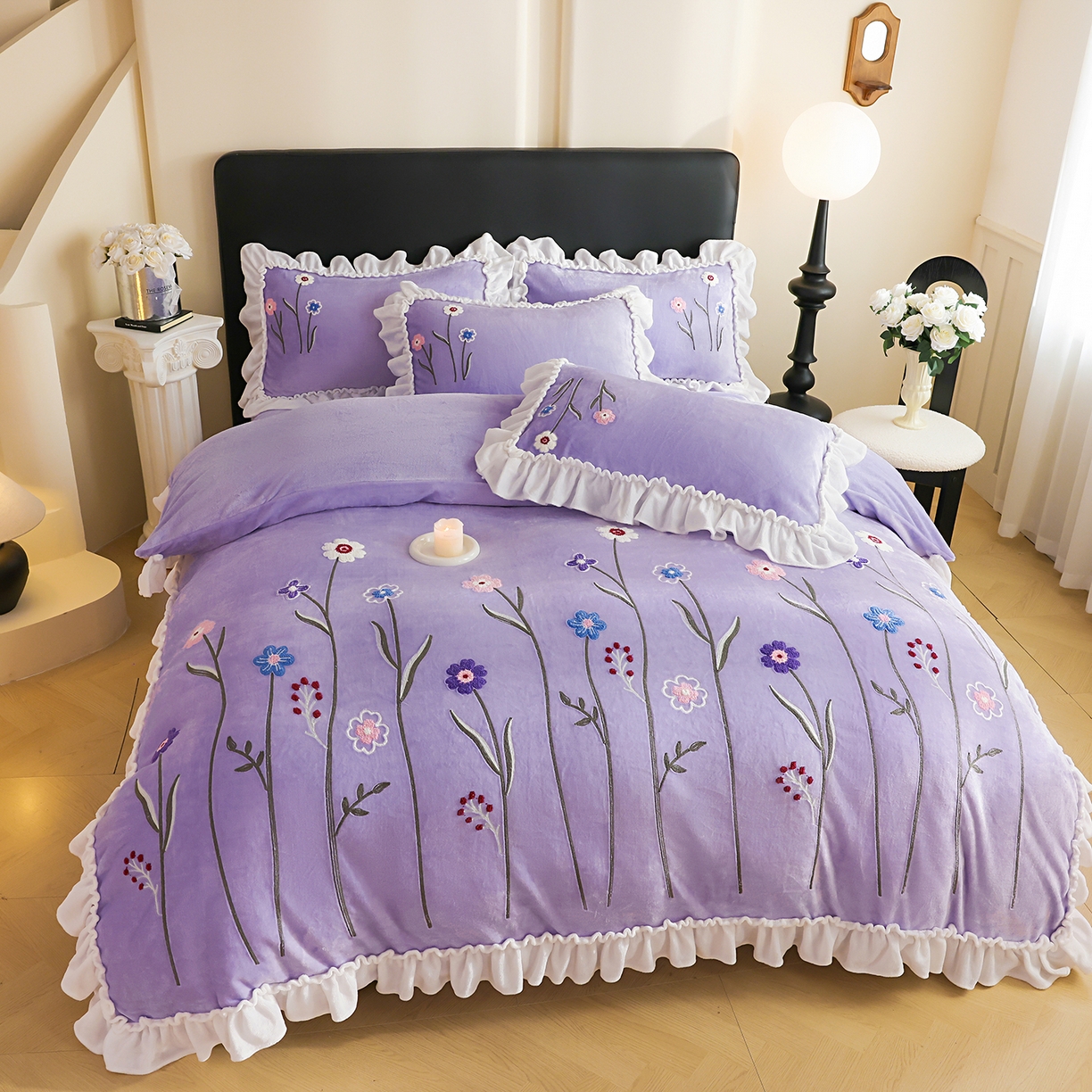 91家纺网 家纺一手货源 找家纺 孟鑫家纺 2025新款230克高克重韩版毛巾绣牛奶绣花四件套床单床盖款被套-花香四溢 花香四溢-千夏紫