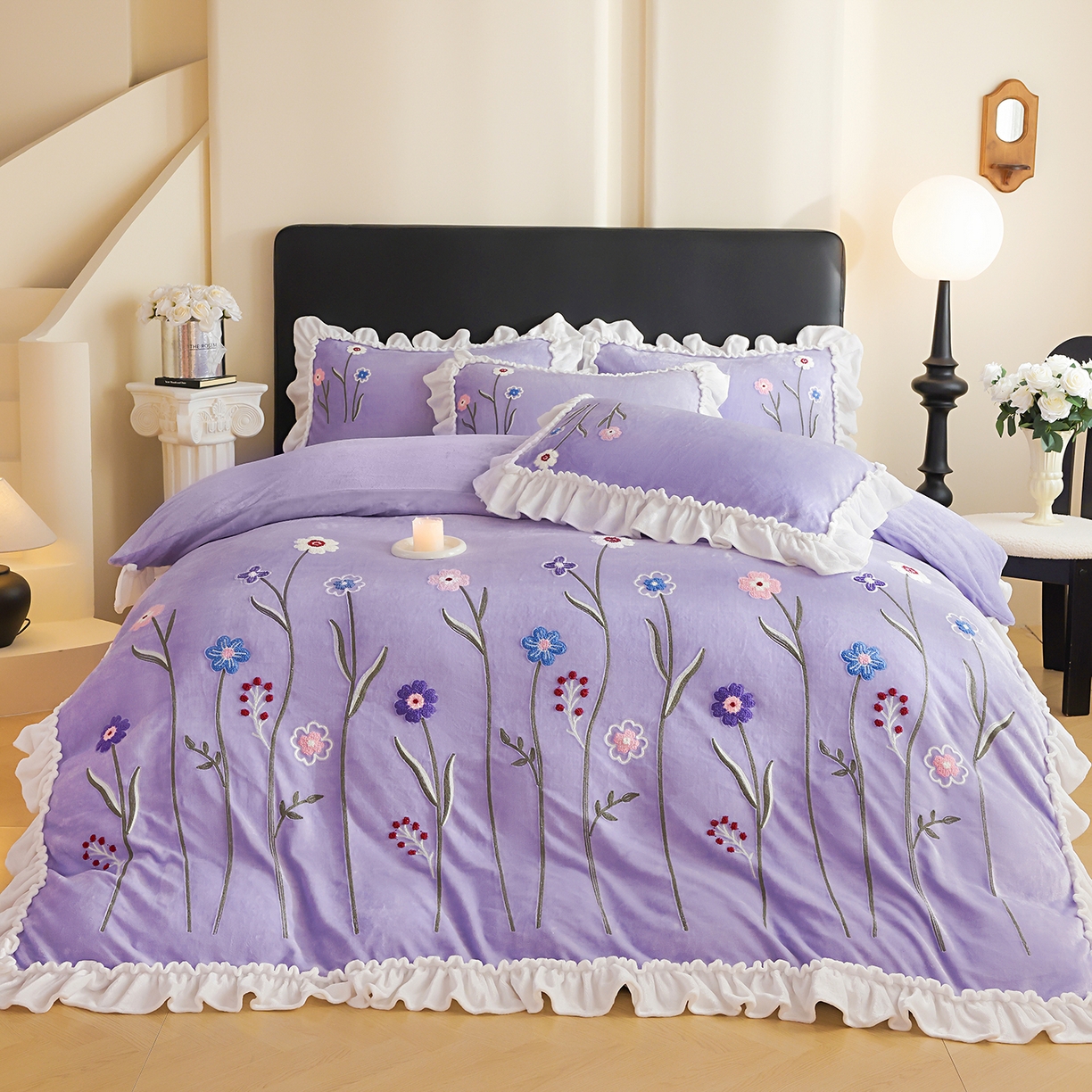 91家纺网 家纺一手货源 找家纺 孟鑫家纺 2025新款230克高克重韩版毛巾绣牛奶绣花四件套床单床盖款被套-花香四溢 花香四溢-千夏紫
