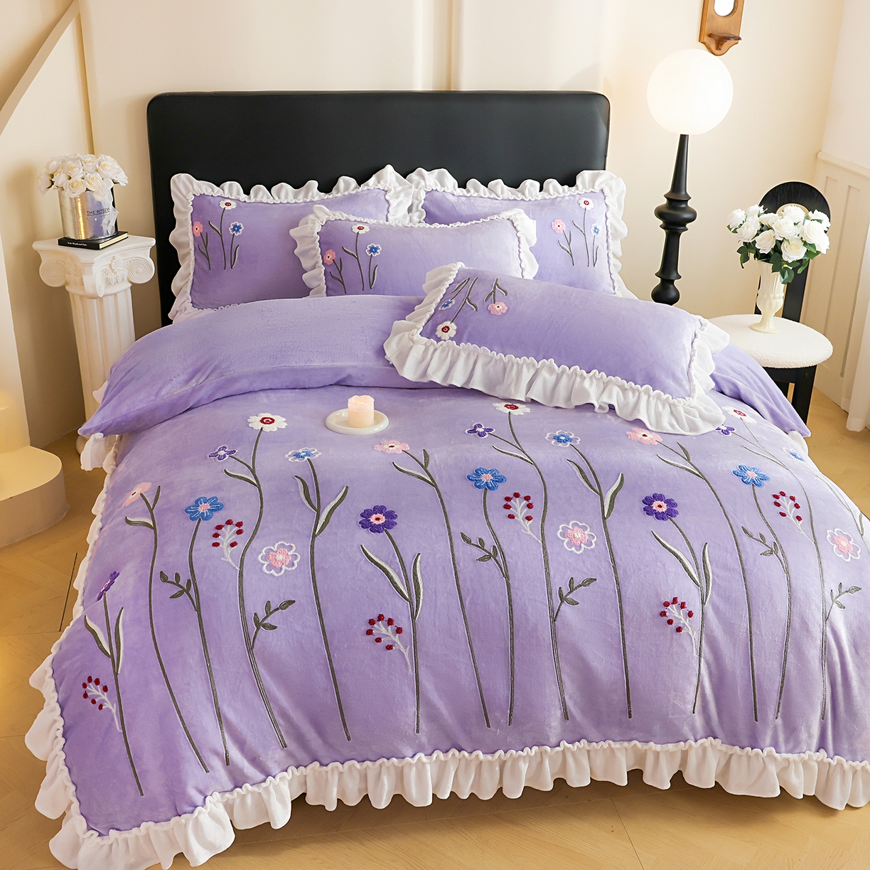 91家纺网 家纺一手货源 找家纺 孟鑫家纺 2025新款230克高克重韩版毛巾绣牛奶绣花四件套床单床盖款被套-花香四溢 花香四溢-千夏紫