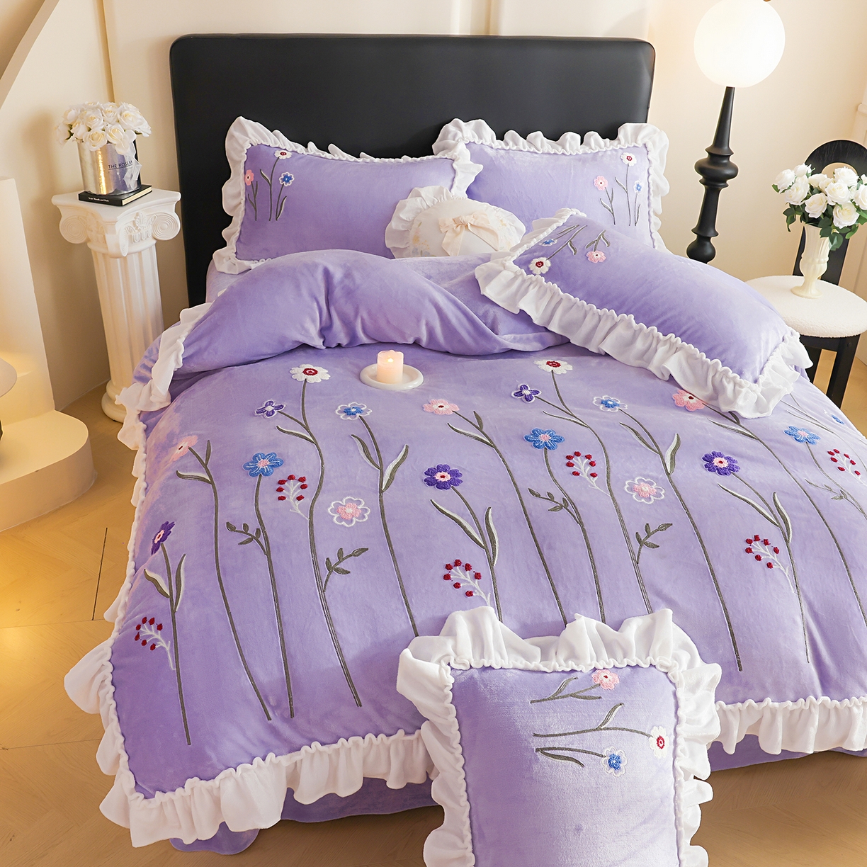 91家纺网 家纺一手货源 找家纺 孟鑫家纺 2025新款230克高克重韩版毛巾绣牛奶绣花四件套床单床盖款被套-花香四溢 花香四溢-千夏紫