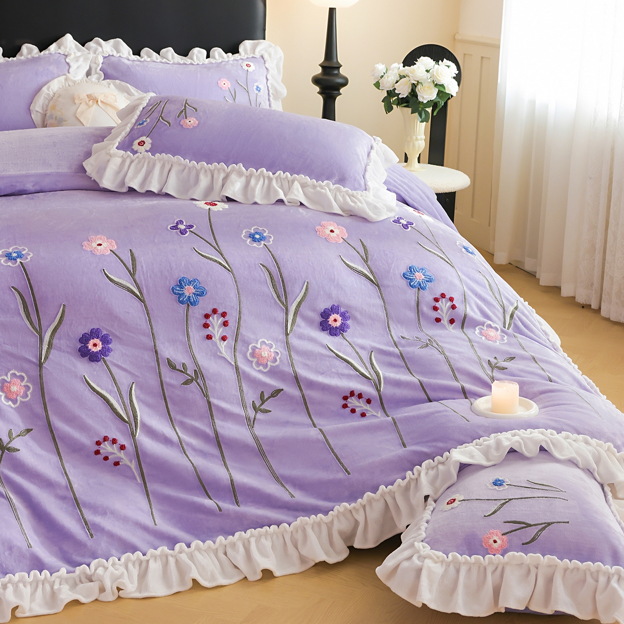 91家纺网 家纺一手货源 找家纺 孟鑫家纺 2025新款230克高克重韩版毛巾绣牛奶绣花四件套床单床盖款被套-花香四溢 花香四溢-千夏紫