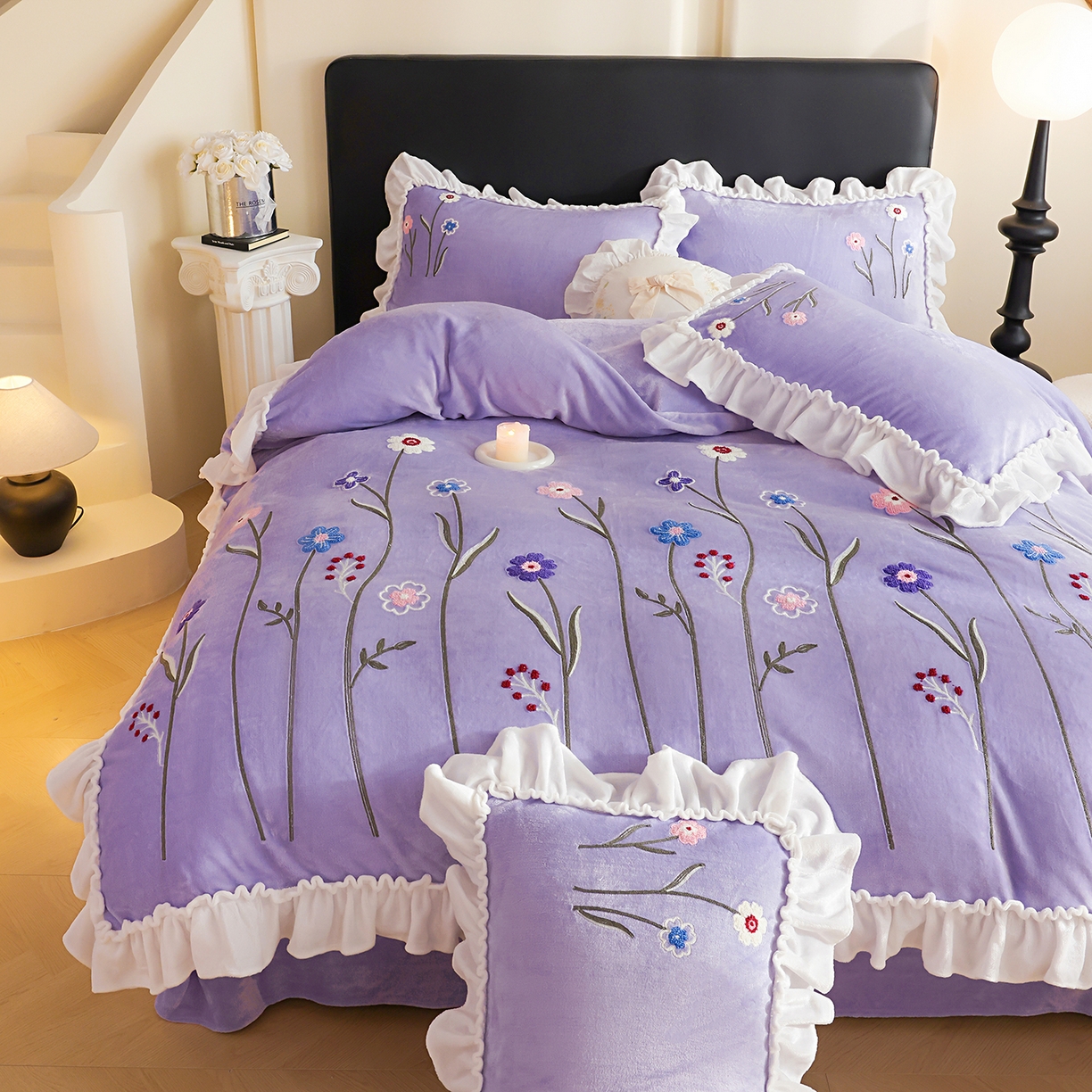 91家纺网 家纺一手货源 找家纺 孟鑫家纺 2025新款230克高克重韩版毛巾绣牛奶绣花四件套床单床盖款被套-花香四溢 花香四溢-千夏紫