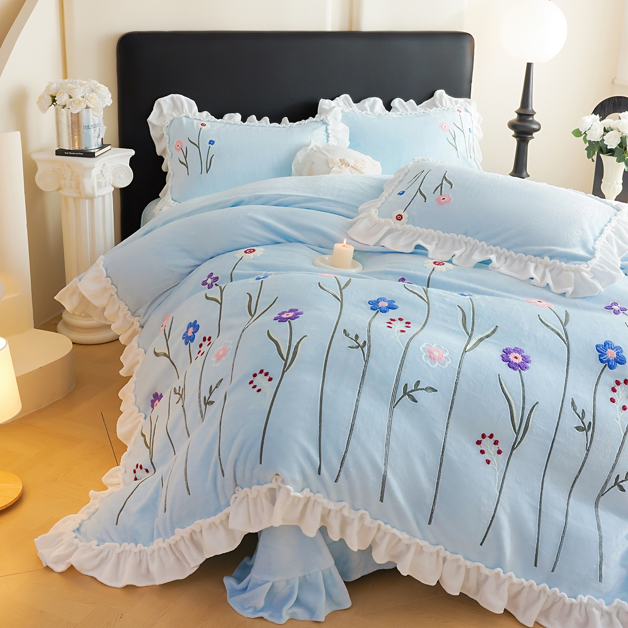 91家纺网 家纺一手货源 找家纺 孟鑫家纺 2025新款230克高克重韩版毛巾绣牛奶绣花四件套床单床盖款被套-花香四溢 花香四溢-天兰