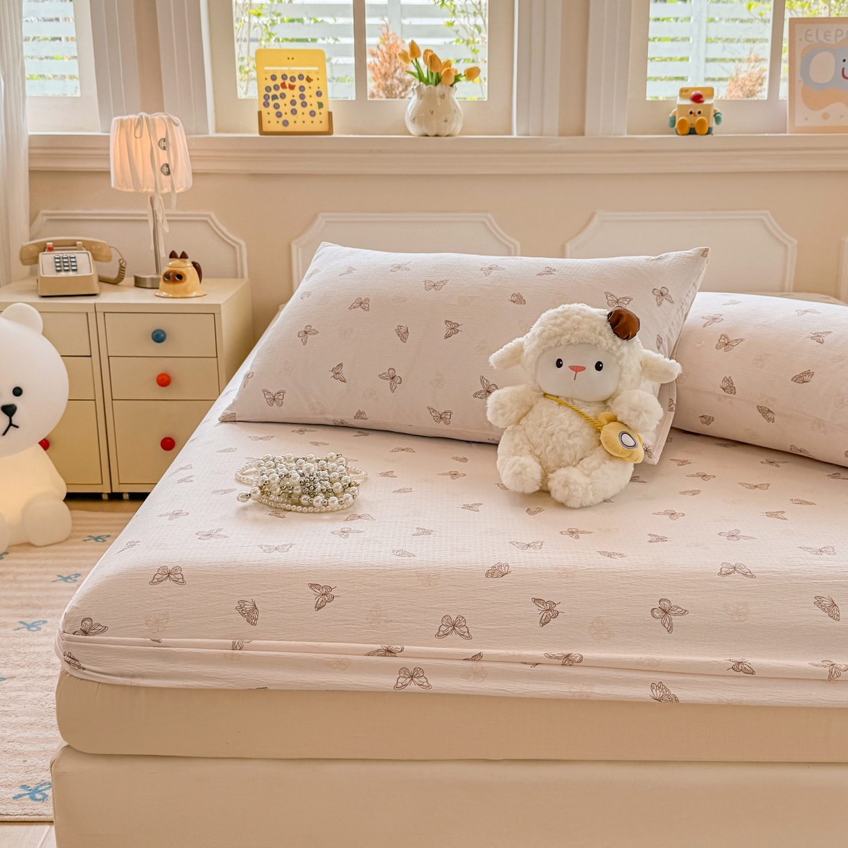 91家纺网 家纺一手货源 找家纺 汣沐生活 2025新款A类木棉双层纱印花床笠 琉璃蝶舞