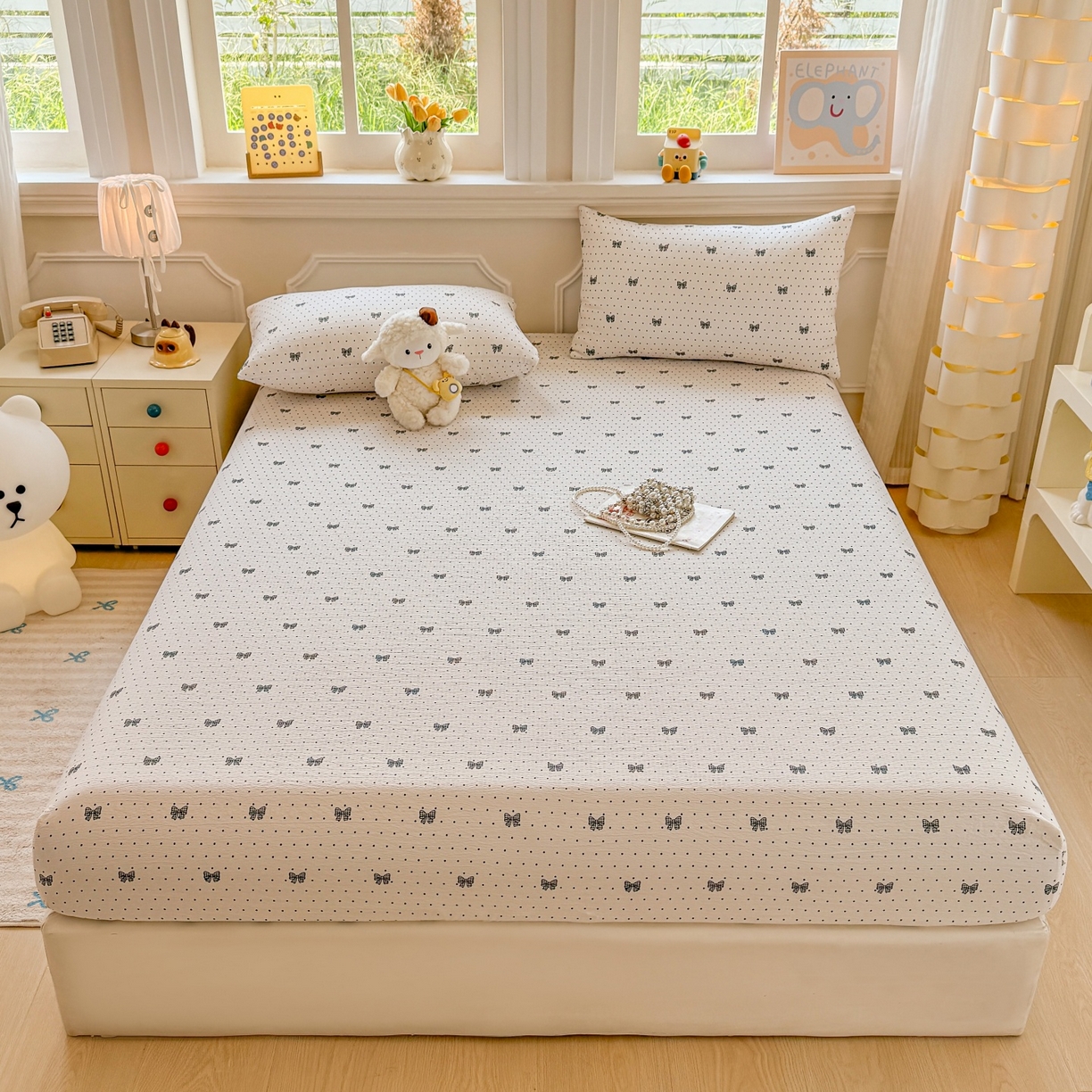 91家纺网 家纺一手货源 找家纺 汣沐生活 2025新款A类木棉双层纱印花床笠 星梦蝴蝶结