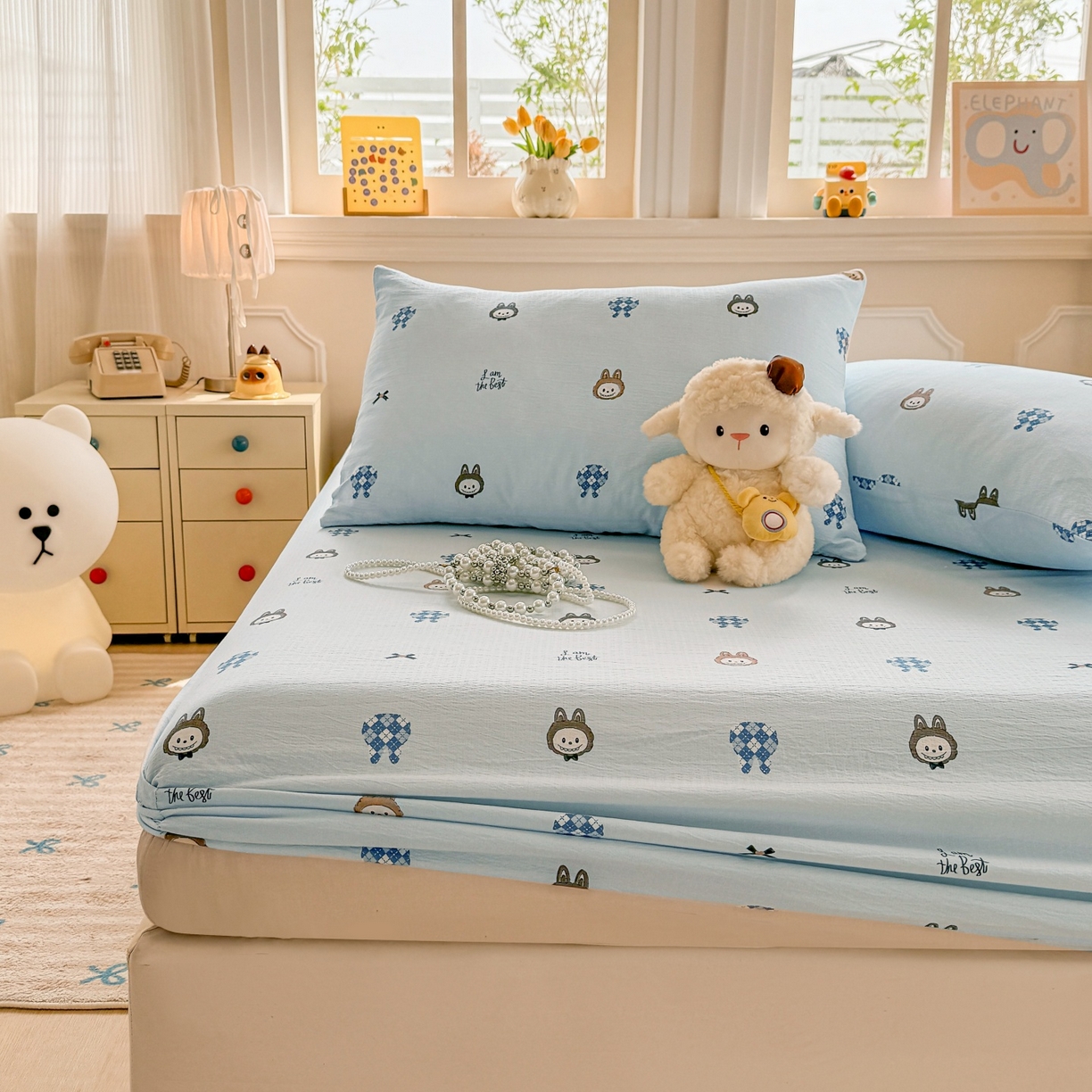 91家纺网 家纺一手货源 找家纺 汣沐生活 2025新款A类木棉双层纱印花床笠 萌趣动物园