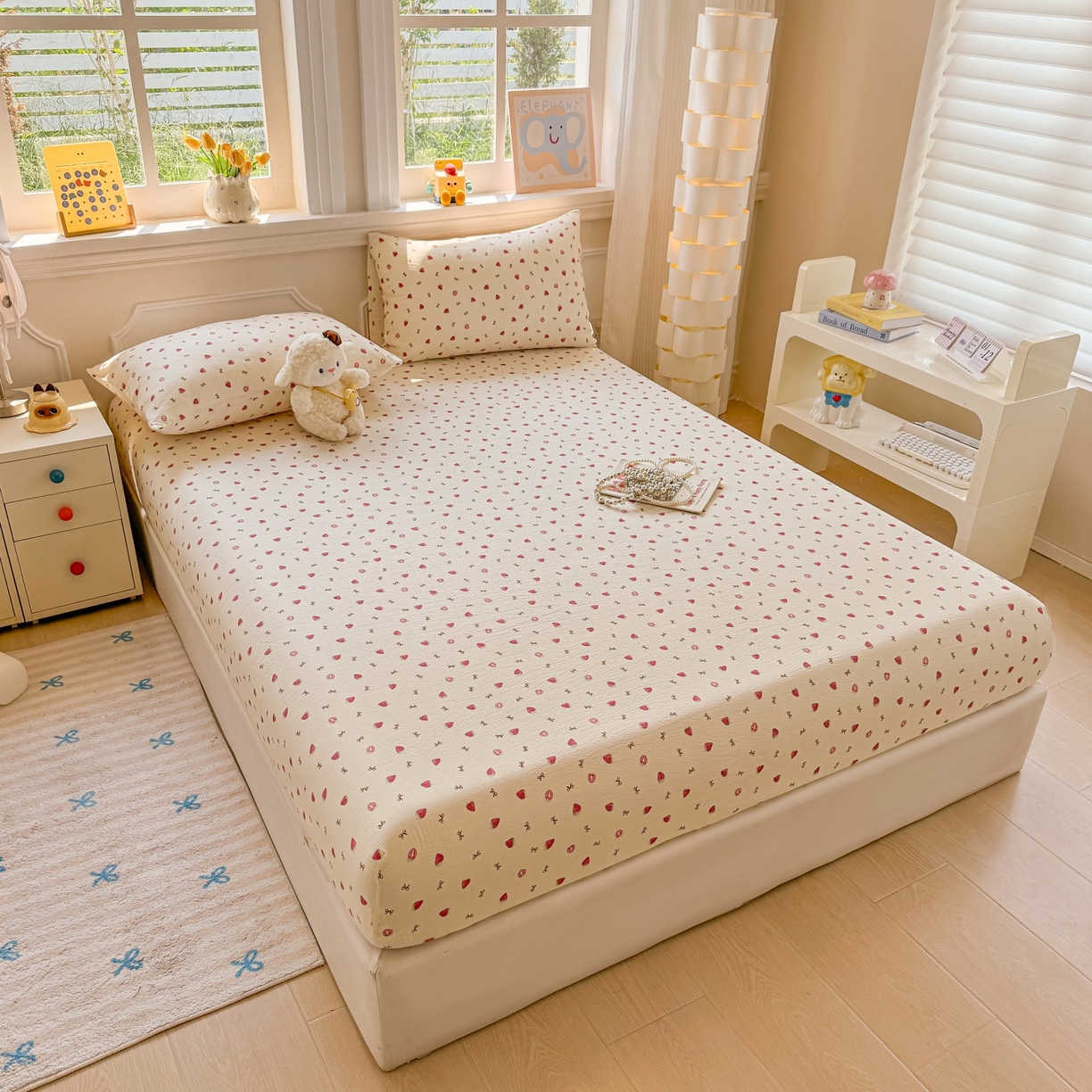 91家纺网 家纺一手货源 找家纺 汣沐生活 2025新款A类木棉双层纱印花床笠 草莓甜心派