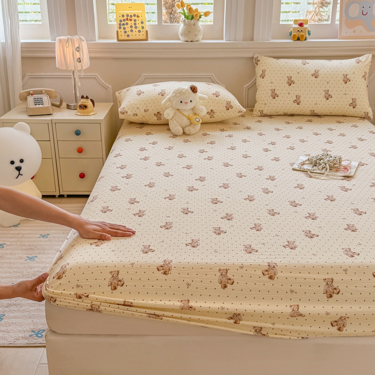 91家纺网 家纺一手货源 找家纺 汣沐生活 2025新款A类木棉双层纱印花床笠 黄油小熊