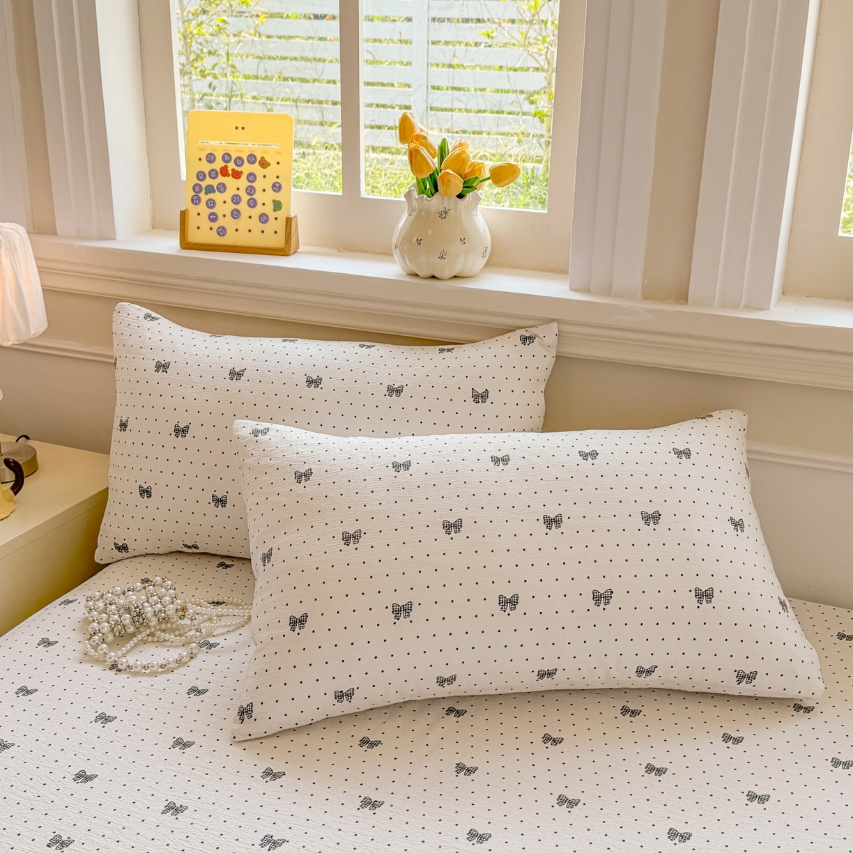 91家纺网 家纺一手货源 找家纺 汣沐生活 2025新款A类木棉双层纱印花床笠 星梦蝴蝶结