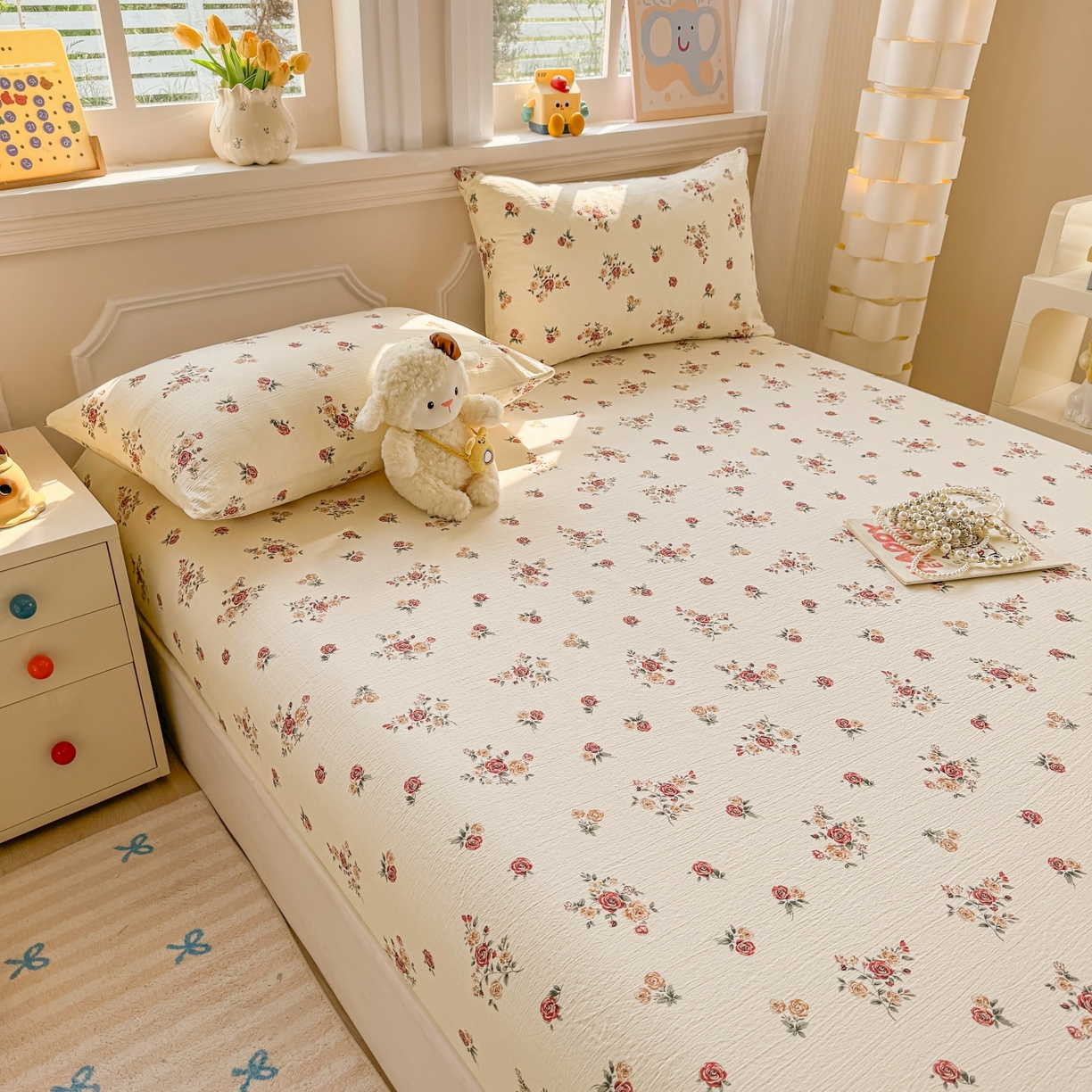 91家纺网 家纺一手货源 找家纺 汣沐生活 2025新款A类木棉双层纱印花床笠 玫瑰庄园