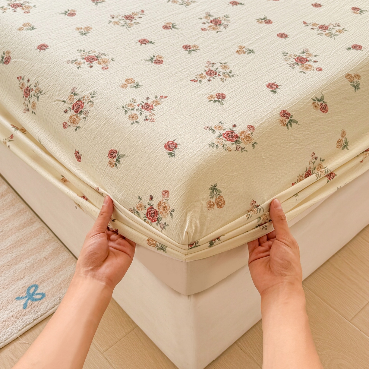 91家纺网 家纺一手货源 找家纺 汣沐生活 2025新款A类木棉双层纱印花床笠 玫瑰庄园