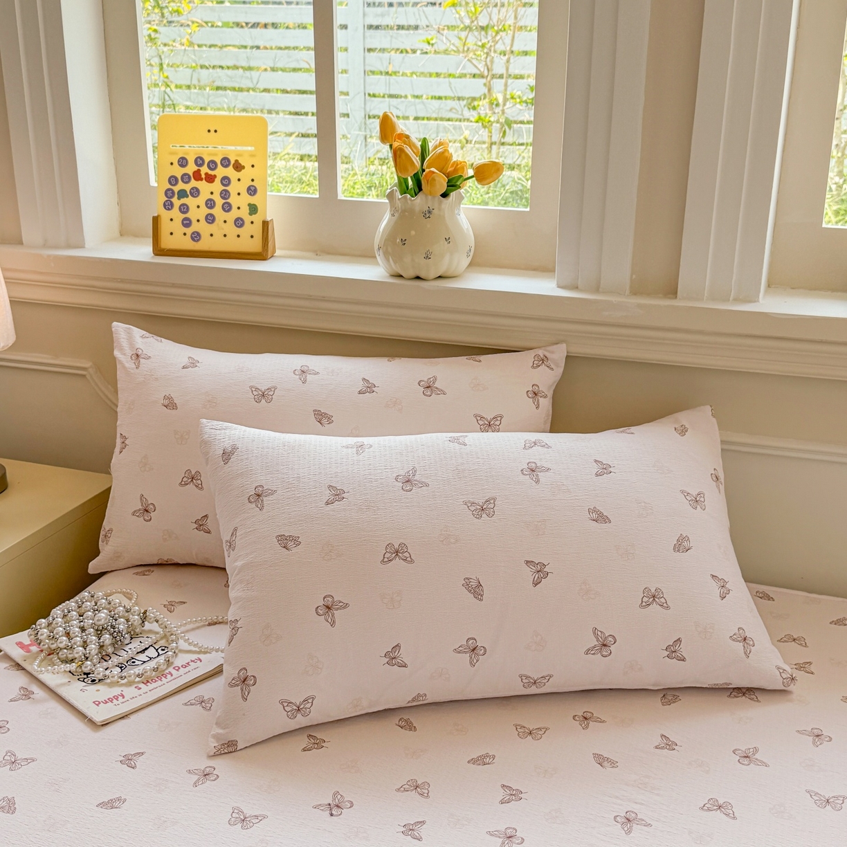 91家纺网 家纺一手货源 找家纺 汣沐生活 2025新款A类木棉双层纱印花床笠 琉璃蝶舞