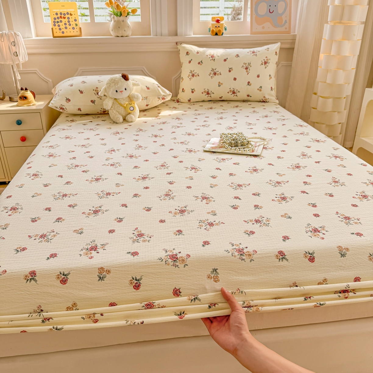 汣沐生活 2025新款A类木棉双层纱印花床笠 玫瑰庄园