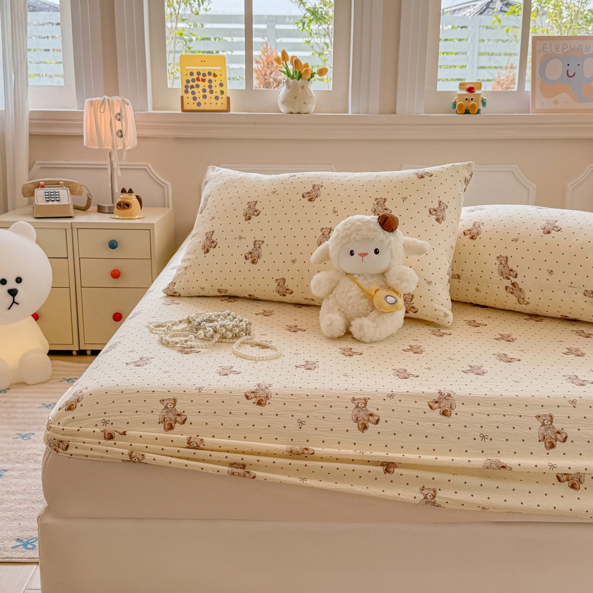 91家纺网 家纺一手货源 找家纺 汣沐生活 2025新款A类木棉双层纱印花床笠 黄油小熊