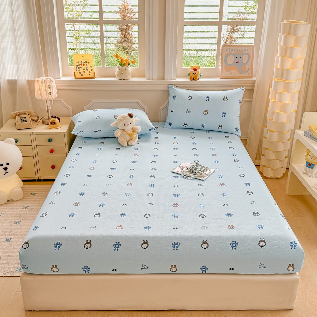 91家纺网 家纺一手货源 找家纺 汣沐生活 2025新款A类木棉双层纱印花床笠 萌趣动物园