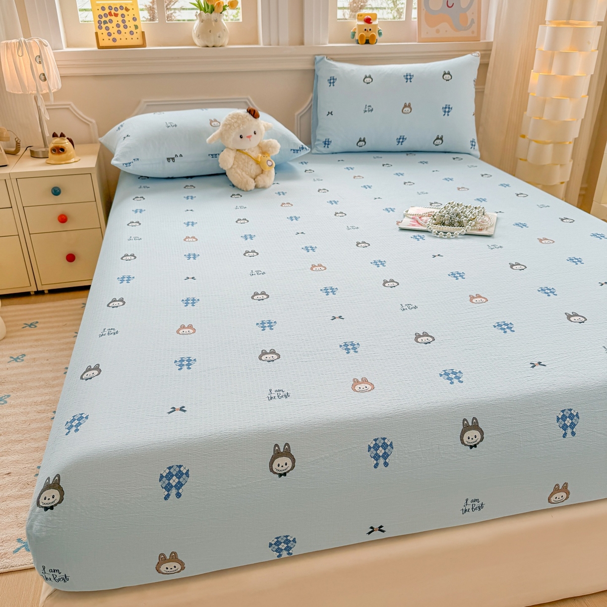 91家纺网 家纺一手货源 找家纺 汣沐生活 2025新款A类木棉双层纱印花床笠 萌趣动物园