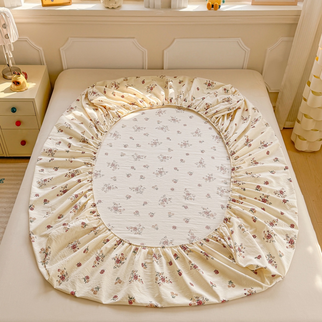 91家纺网 家纺一手货源 找家纺 汣沐生活 2025新款A类木棉双层纱印花床笠 玫瑰庄园