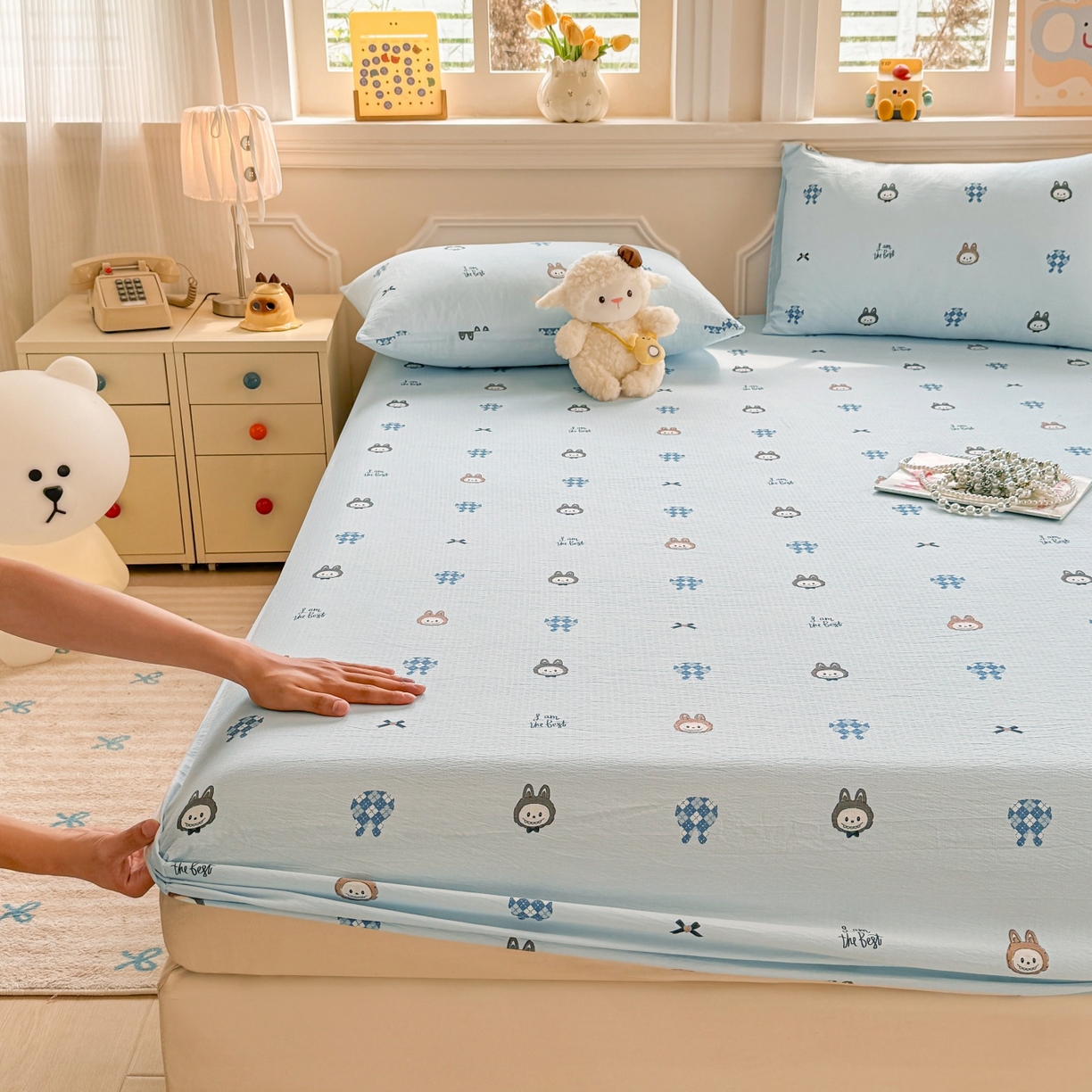 91家纺网 家纺一手货源 找家纺 汣沐生活 2025新款A类木棉双层纱印花床笠 萌趣动物园