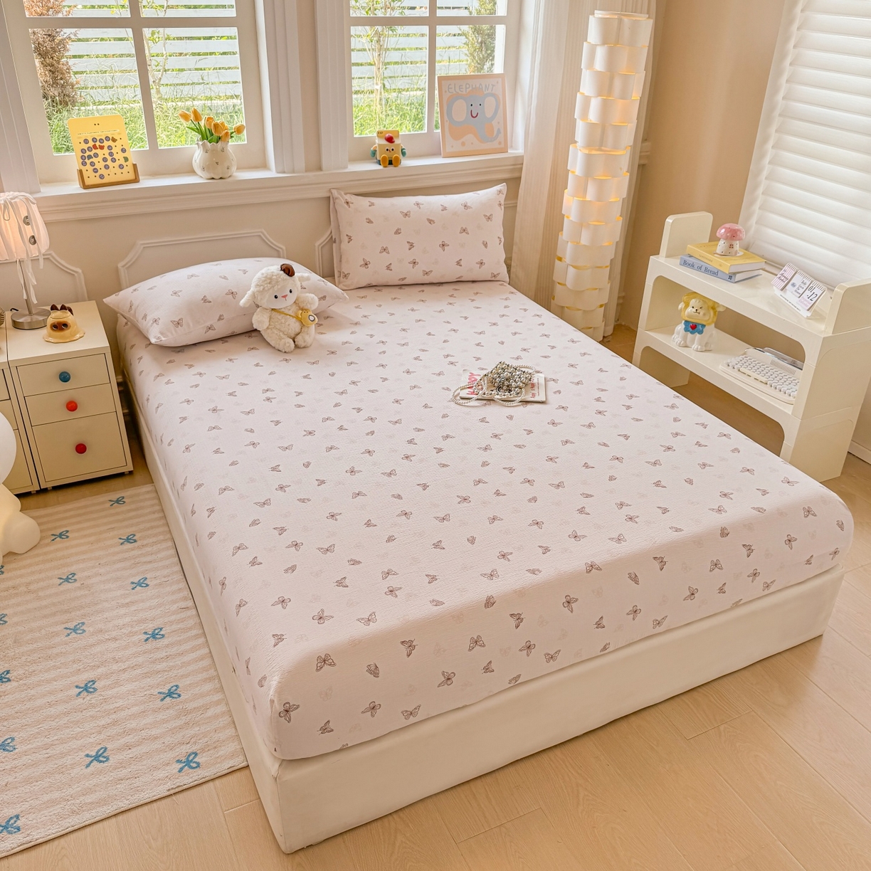 91家纺网 家纺一手货源 找家纺 汣沐生活 2025新款A类木棉双层纱印花床笠 琉璃蝶舞