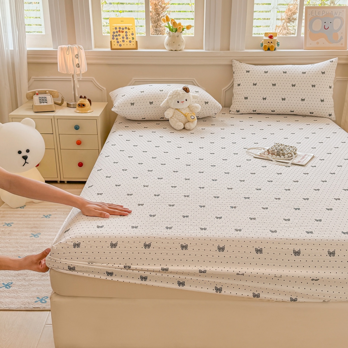 91家纺网 家纺一手货源 找家纺 汣沐生活 2025新款A类木棉双层纱印花床笠 星梦蝴蝶结