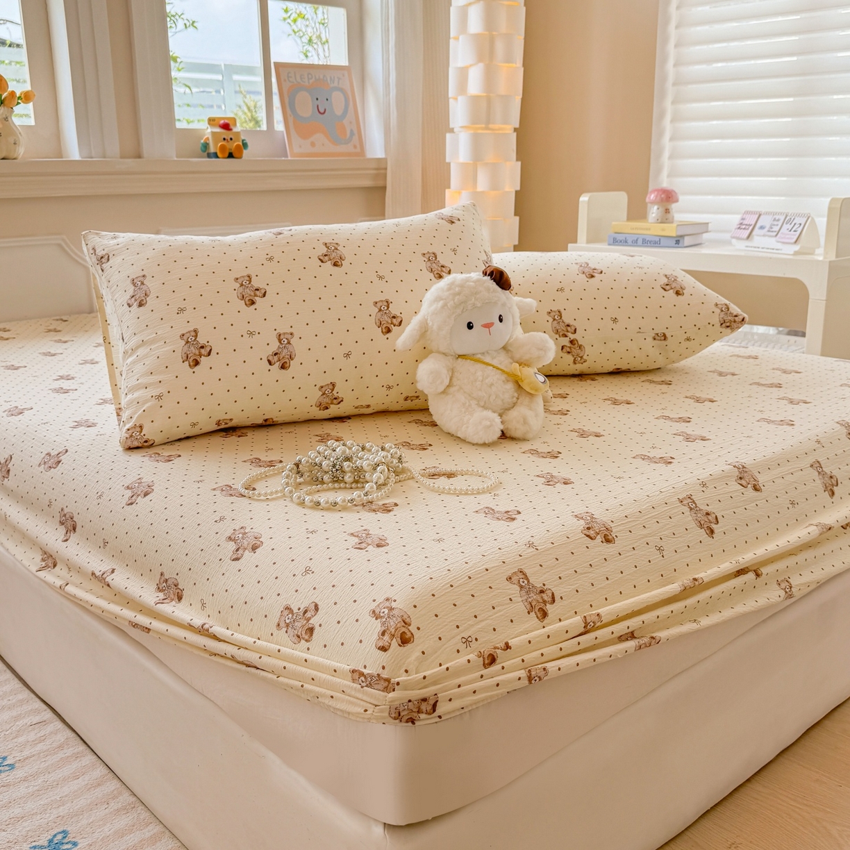 91家纺网 家纺一手货源 找家纺 汣沐生活 2025新款A类木棉双层纱印花床笠 黄油小熊