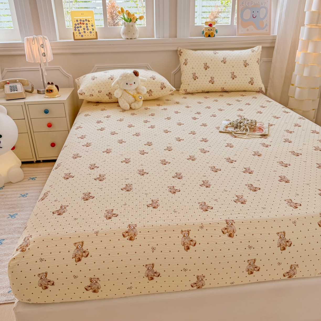 91家纺网 家纺一手货源 找家纺 汣沐生活 2025新款A类木棉双层纱印花床笠 黄油小熊