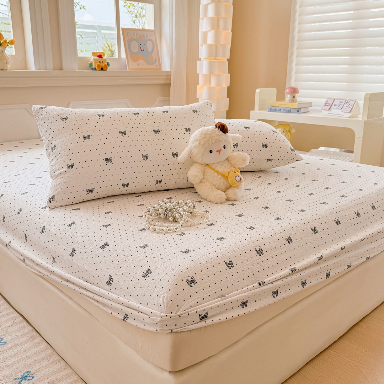 91家纺网 家纺一手货源 找家纺 汣沐生活 2025新款A类木棉双层纱印花床笠 星梦蝴蝶结