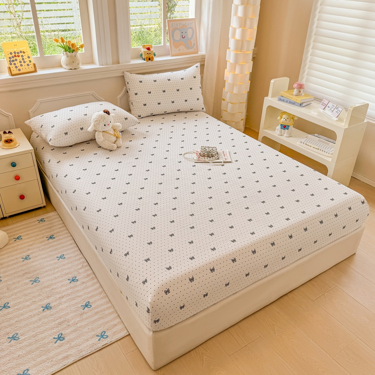 91家纺网 家纺一手货源 找家纺 汣沐生活 2025新款A类木棉双层纱印花床笠 星梦蝴蝶结