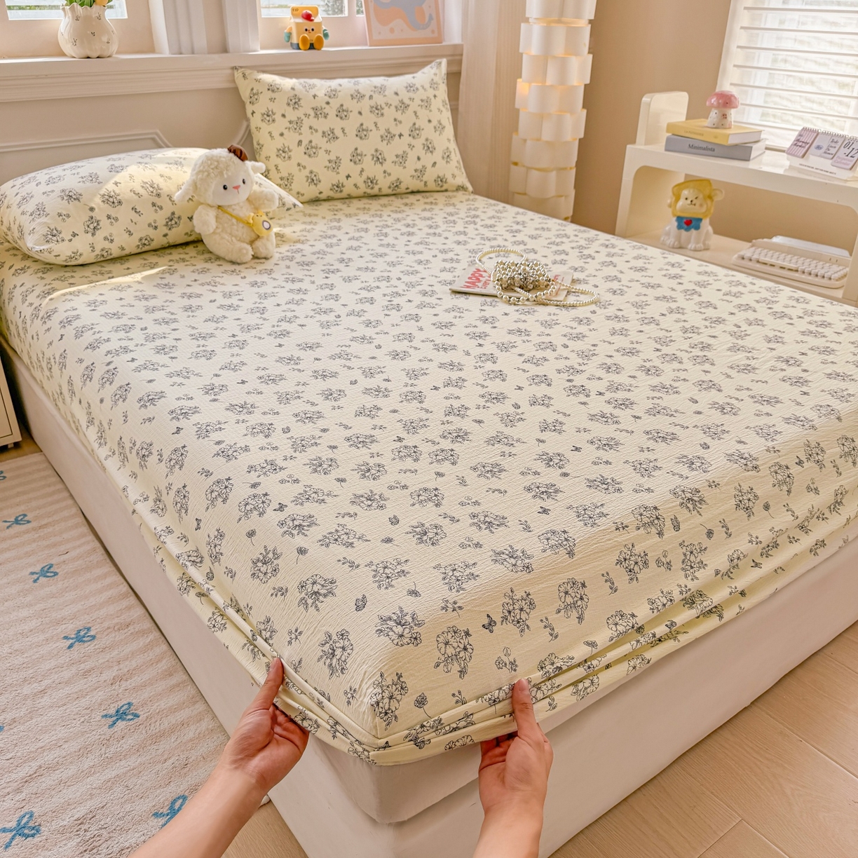 91家纺网 家纺一手货源 找家纺 汣沐生活 2025新款A类木棉双层纱印花床笠 油画花园