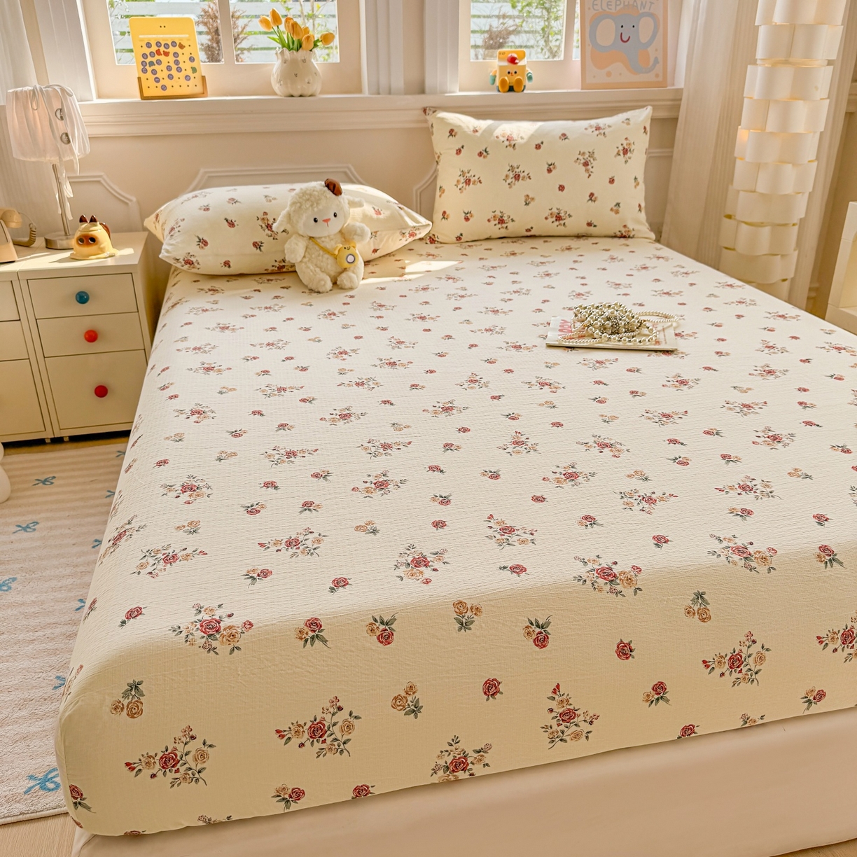 91家纺网 家纺一手货源 找家纺 汣沐生活 2025新款A类木棉双层纱印花床笠 玫瑰庄园