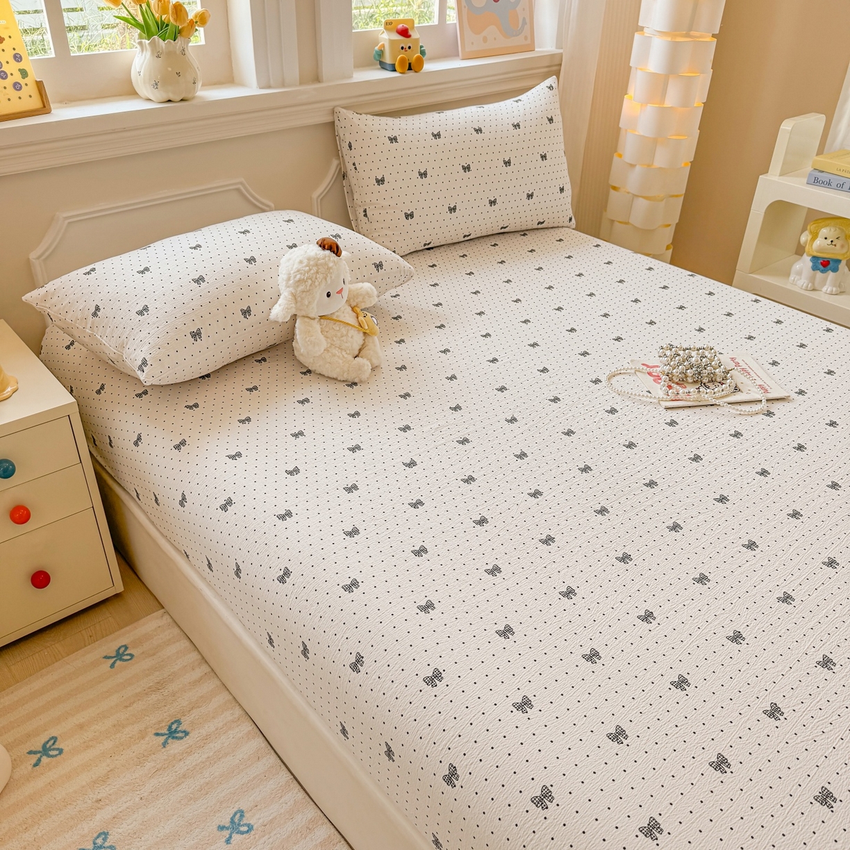 91家纺网 家纺一手货源 找家纺 汣沐生活 2025新款A类木棉双层纱印花床笠 星梦蝴蝶结