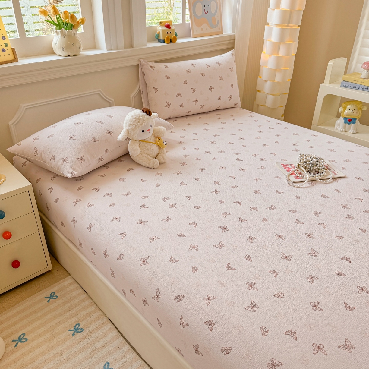 91家纺网 家纺一手货源 找家纺 汣沐生活 2025新款A类木棉双层纱印花床笠 琉璃蝶舞