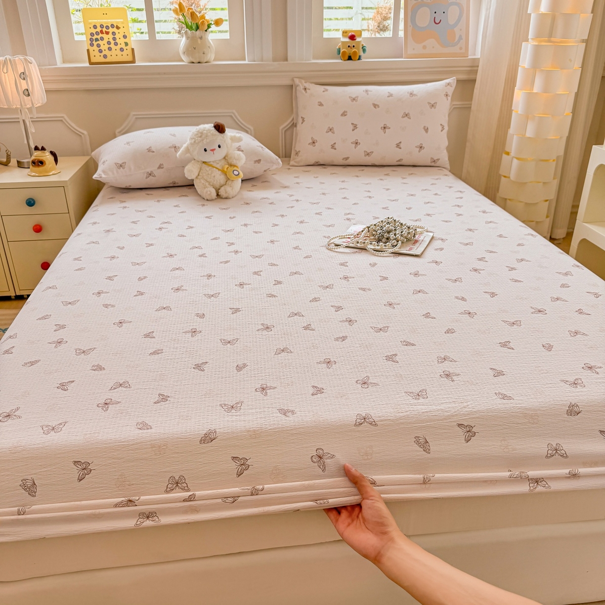 汣沐生活 2025新款A类木棉双层纱印花床笠 琉璃蝶舞