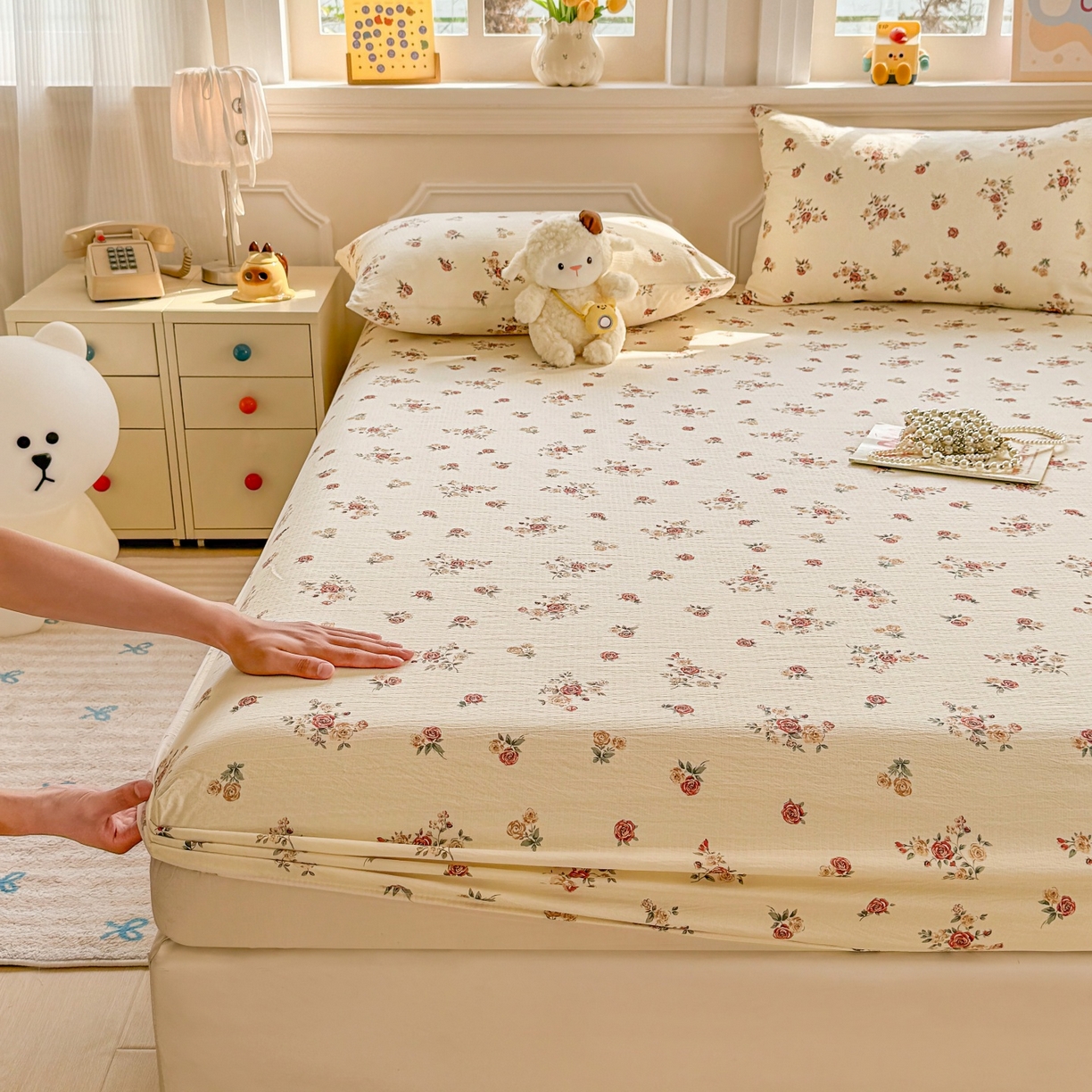 91家纺网 家纺一手货源 找家纺 汣沐生活 2025新款A类木棉双层纱印花床笠 玫瑰庄园